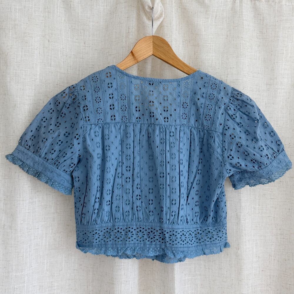 J. Crew Blouse Womens Small Blue Eyelet Cottagecore Coquette Romantic Milkmaid - Picture 6 of 9